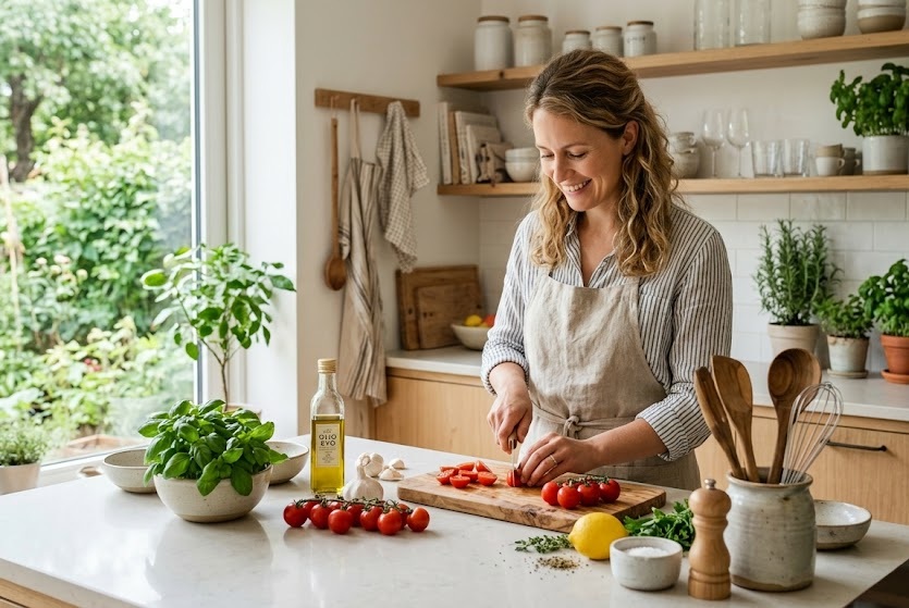 Cucina luminosa e serena con utensili in legno e ingredienti freschi su un piano chiaro