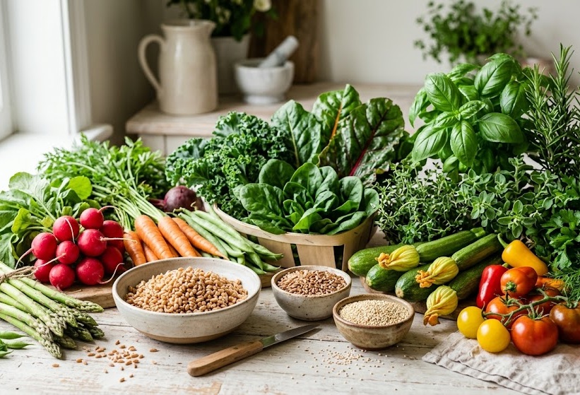 Verdure fresche di stagione, erbe aromatiche e cereali disposti su superficie chiara