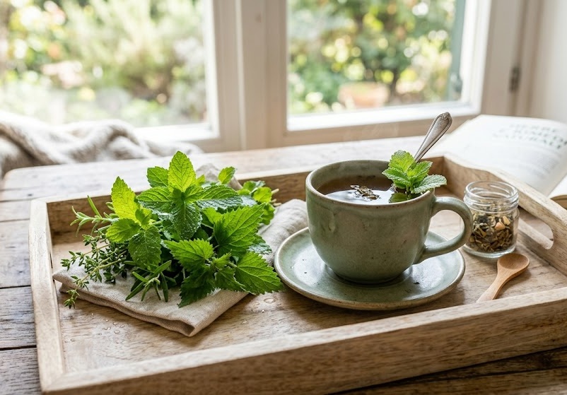 Tazza di tè alle erbe accanto a foglie fresche su vassoio di legno chiaro